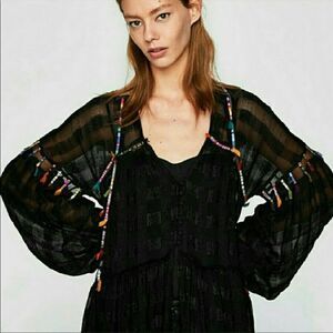 Zara Artsy Embroidered Button Front Kimono Duster
